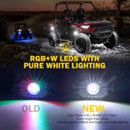 Xprite RGBW LED Rock Lights Kit with Bluetooth & Wireless Remote Controller, Multicolor Cars Underglow, Wheel, Footwell Neon Light Kits, for Off-Road UTV ATV Trucks SUV Motorcycle Boats - 4 Pods