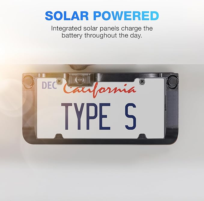 Type S Solar Powered Wireless Backup Camera, License Plate Frame Design, 3-Minute Install, 6” HD Dashboard Monitor, Motion Sensor Activation, Universal Compatibility for Cars, Trucks, RVs