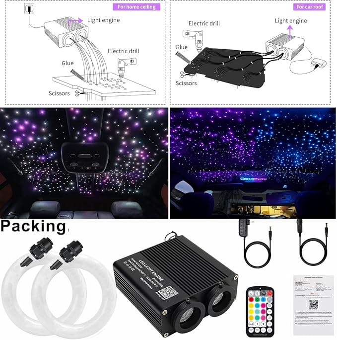 AZIMOM Dual Color 32W 1100pcs Sound-Activated Fiber Optic Starlight Headliner Kits 0.03in 13.1ft Fiber Strands APP/Bluetooth Remote Control Music Sensory Star Ceiling Home Car Roof Decor