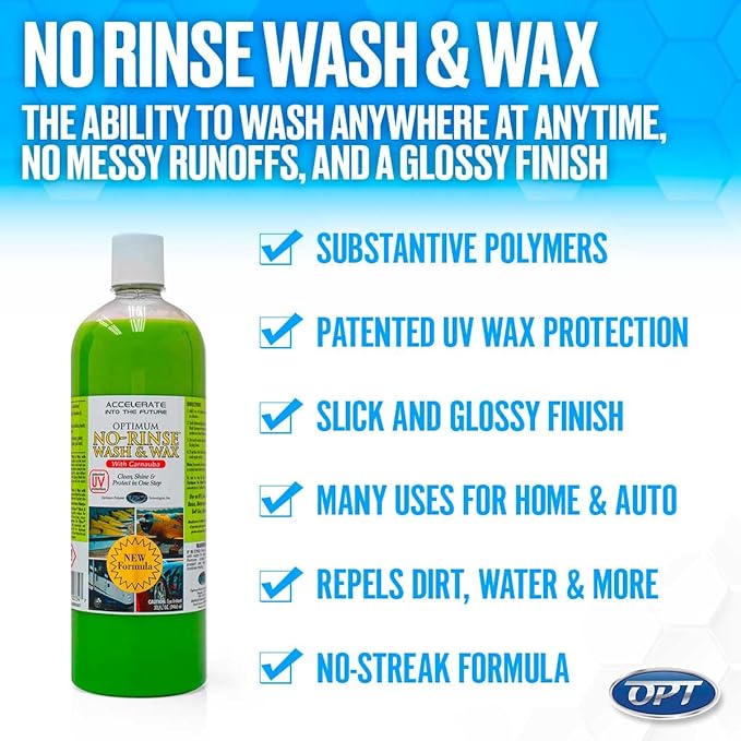 Optimum No Rinse Wash and Wax – Rinseless Car Wash Formulated with Carnauba Wax with UV Protection - For Cars, RVs, Trucks, Motorcycles and more (1 Gallon)
