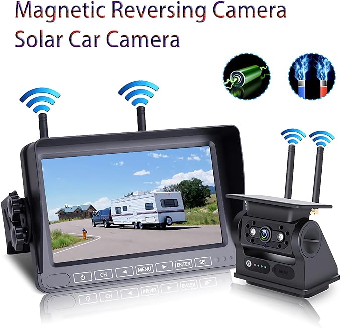 Magnetic RV Backup Camera 1080p HD 7-inch Install-Free Trailer Hitch Solar Wireless Back up Camera 10000mah Battery,Night Vision Trucks,RVs, Trailers, Vans Tow (Magnetic Camera with7‘’ Monitor)