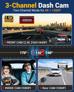 3 Channel Dash Cam with WiFi & GPS, Front and Rear/Inside, Voice Control 4K/2.5K+1080P+1080P Triple Dash Camera for Cars, 3" IPS Touch Screen, Free 32GB Card