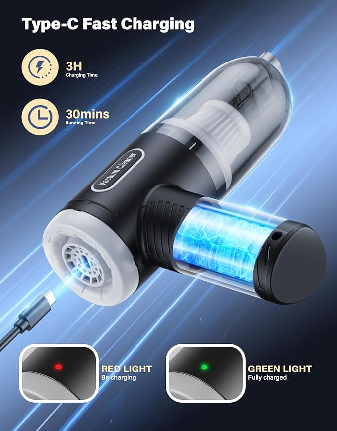 Car Vacuum Portable Cordless, 20000Pa Handheld Vacuum Mini Vacuum Cleaner High Power with Best Suction Brushless Motor, 4 in 1 2-Speed Air Duster Portable Vacuum for Car Keyboard Pet Hair
