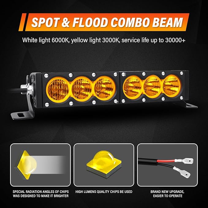 AUXTINGS 12 inch Single Row Amber LED Light Bar 60W Off Road Light Bar Flood Beam LED Work Light Truck UTV 4x4 Cars SUVs ATVs Boats Fog Driving Light with Wiring Harness kit