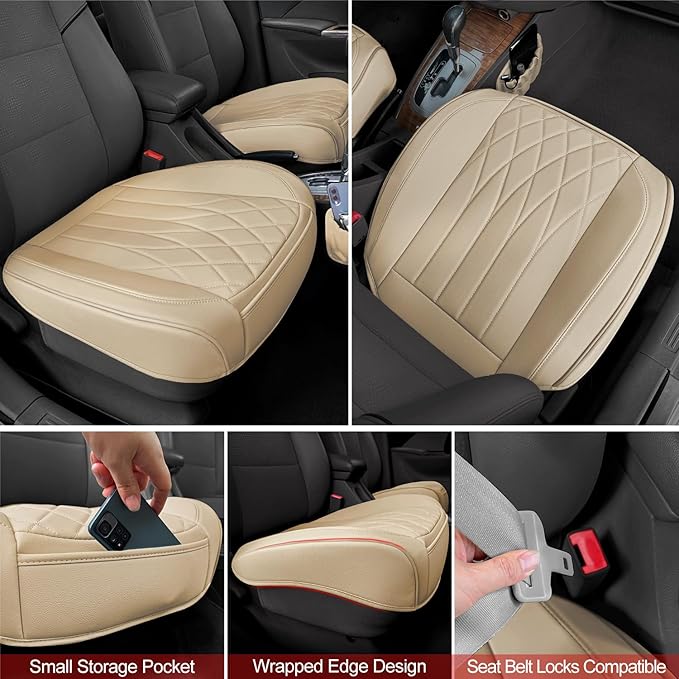 BEITK 2 Pack Leather Front Car Seat Cover Bottom Car Seat, Universal Anti-Slip Driver Car Seat Protectors with Storage Pocket, Waterproof Bottom Auto Seat Cushion Pad Mat for Most Vehicles(Beige)