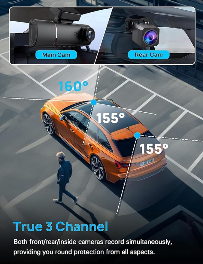 3 Channel 4K Dash Cam Front and Rear Inside, Built-in 5G WiFi,4K+1080P+1080P Dash Camera with 64GB Card,3.16” IPS Screen,Loop Recording, G-Sensor, 24H Parking Monitor, Night Vision(Rose Gold)