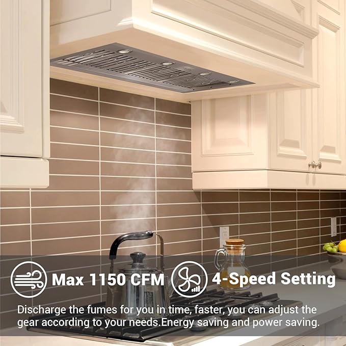 CHETTO C 48 inch Range Hood Kitchen Vent Hood with 1150 CFM Blower 304 Grade Stainless Steel with LED Lights and Safe Filters, 8" Top Vent, 4-Speeds (48 inch, Stainless steel)