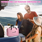 Roadside Emergency Car kit for Vehicles, with 4 in 1 Inflatable Car Vacuum Cleaner, Pink Jumper Cables, First Aid Kit, Tow Rope, Vehicle Road Trip Must Haves Pink Accessories for Women