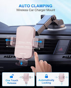 CHGeek Wireless Car Charger, 15W Fast Charging Auto Clamping Car Charger Phone Mount Phone Holder fit for iPhone 15 14 13 12 11 Pro Max Xs, Samsung Galaxy S24 Ultra S23 S22 S21, S20, S10+, Pink