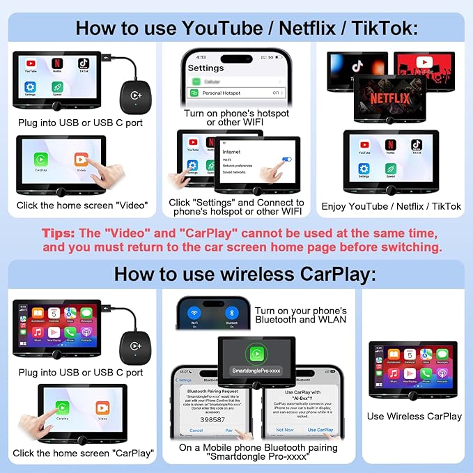 XHU Wireless CarPlay Adapter, CarPlay Wireless Adapter Supports Netflix, YouTube, and TikTok Stream Media Play, for OEM Wired CarPlay to Wireless Dongle, Only Fits for iOS 10+ Phone & Cars from 2016