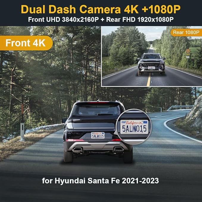 Fitcamx Front 4K+Rear 1080P Dash Cam Adapts for Hyundai Santa Fe 2021-2023 (#S1500 S2500) has Auto-Dimming, OEM Style, Dual HD Video, WiFi & APP, Loop Recording, G-Sensor, Easy to Use, 128GB Card