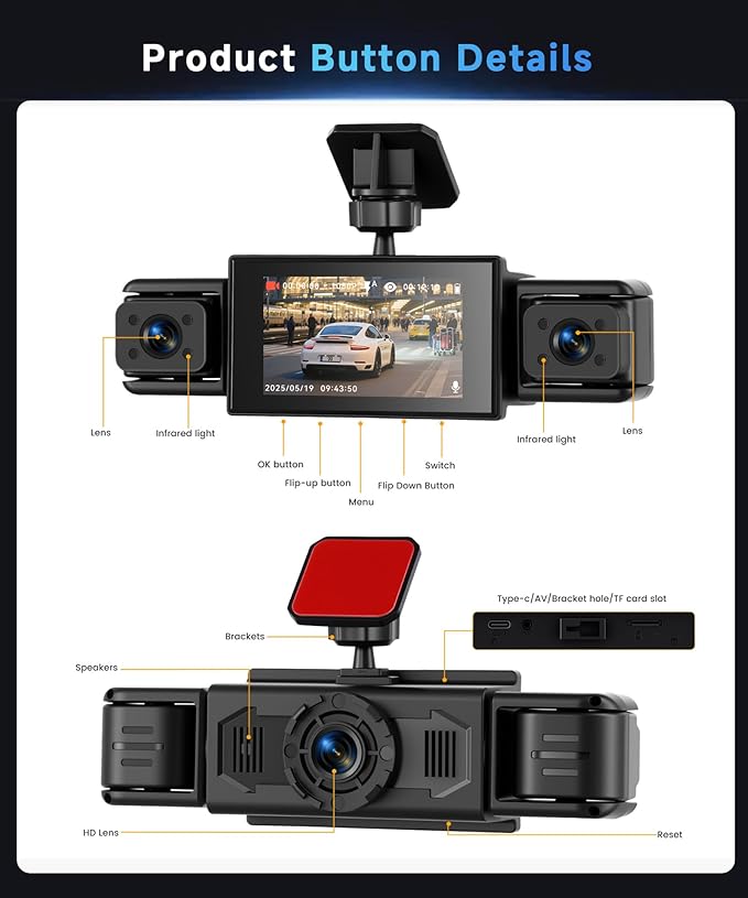 360° Dash Cam Front and Rear Inside Left Right, 4 Channel FHD 1080P Dash Cam for Cars, 3 Inch IPS Dashcams with Night Vision, Loop Recording, 24H Parking Mode Monitor, Reverse View
