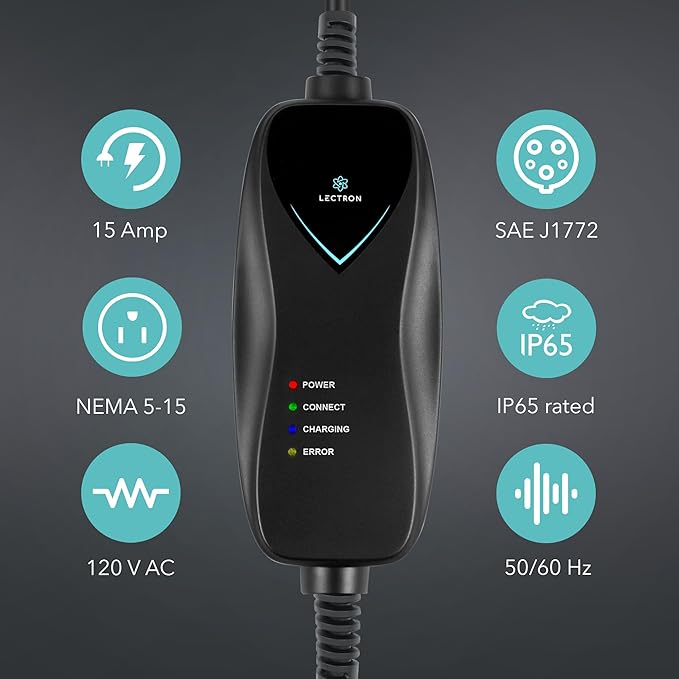 Lectron Level 1 EV Charger - ETL Certified, 120V, 15 Amp, 16 ft Extension Cord & J1772 Cable - Portable Electric Car Charger for J1772 EVs and Plug-in Hybrid Vehicles