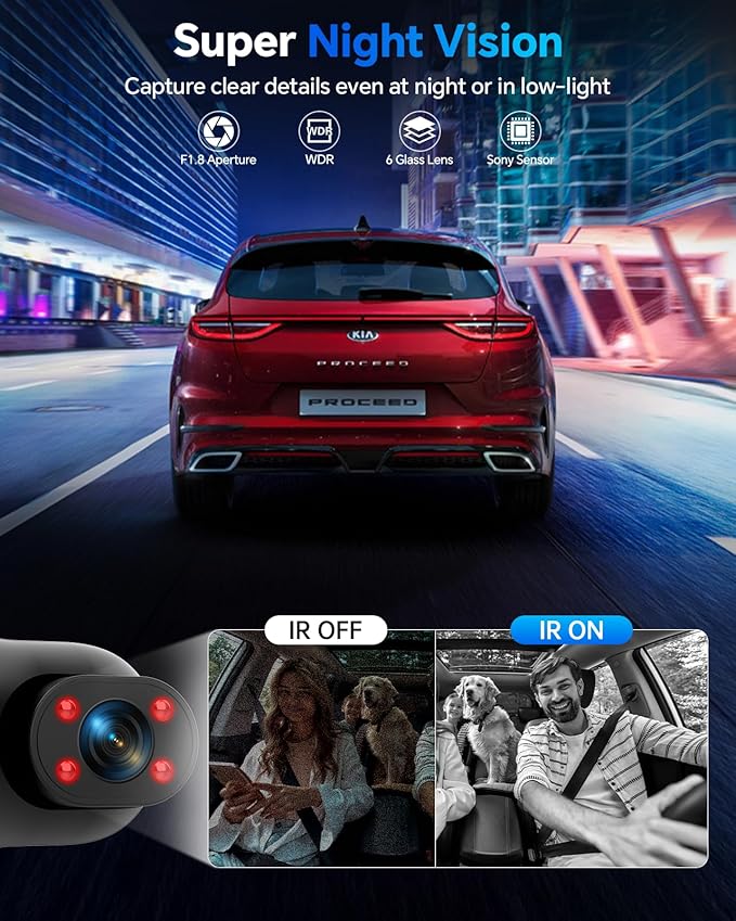 Dash Cam Front and Rear Inside 3 Channel, 1080P Dashcam with 64GB Card, Dash Camera for Cars with 24H Parking Monitor, Super Night Vision, Loop Recording, G-Sensor, WDR, 2.3" Screen for Taxi