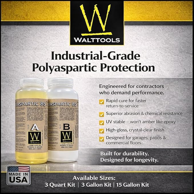 Polyaspartic 85 High Solids Topcoat Coating System - 15 Gallon Kit - Clear Coating Gloss Finish - Easy-to-Use-Non-Yellow, Abrasion, & Scratches-Long work time.