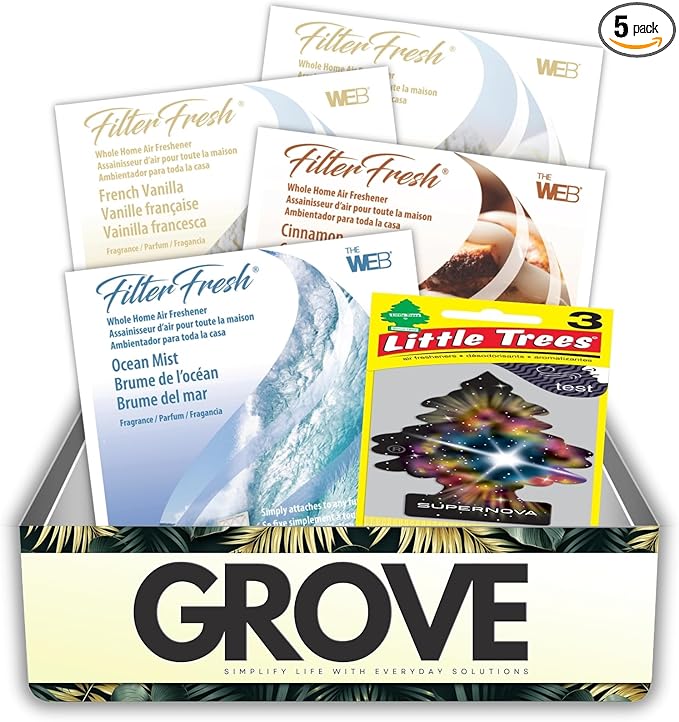 2x Web FilterFresh French Vanilla, Ocean Mist, and Cinnamon Scent Air Fresheners 0.8 oz Gel Bundle with Car Air Freshener – Attaches to HVAC Filters for Whole Home and Car Use – Gift Set (5 Items)