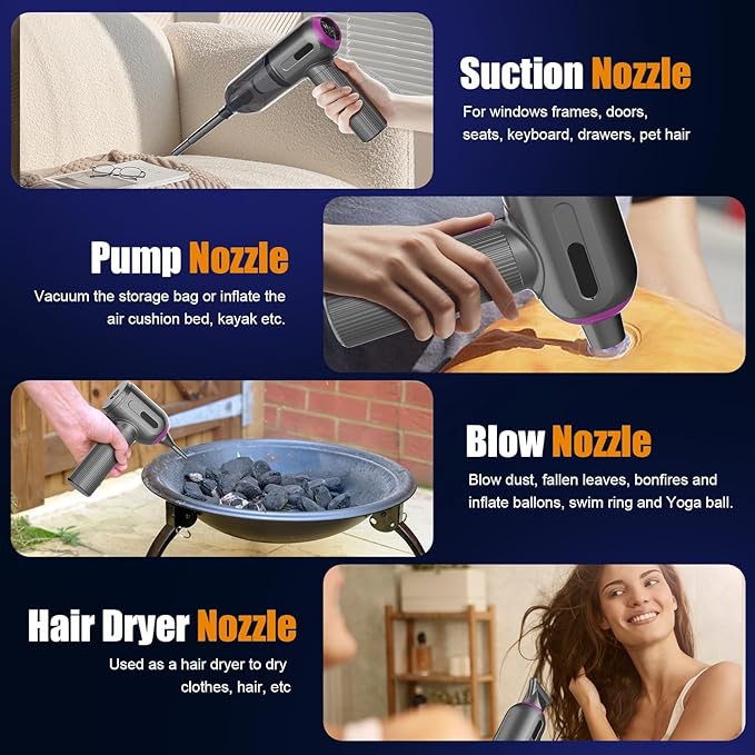7000Pa Mini Car Vacuum: 4-in-1 handheld vacuum cordless & Compressed Air Duster & Inflator Pump, 3-Speed Portable High Power Cleaning Kit for Car Detailing, Computer Keyboard, Sewing Machine, Office