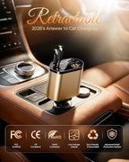 2026 MimAuto 4 in 1 Retractable Car Charger, Car Charger USB C Fast Charger, Car Charger for iPhone 17/16/15/14/13, Samsungs, Tablets, Dash cams, Switch, Gold Car Accessories for Men Women