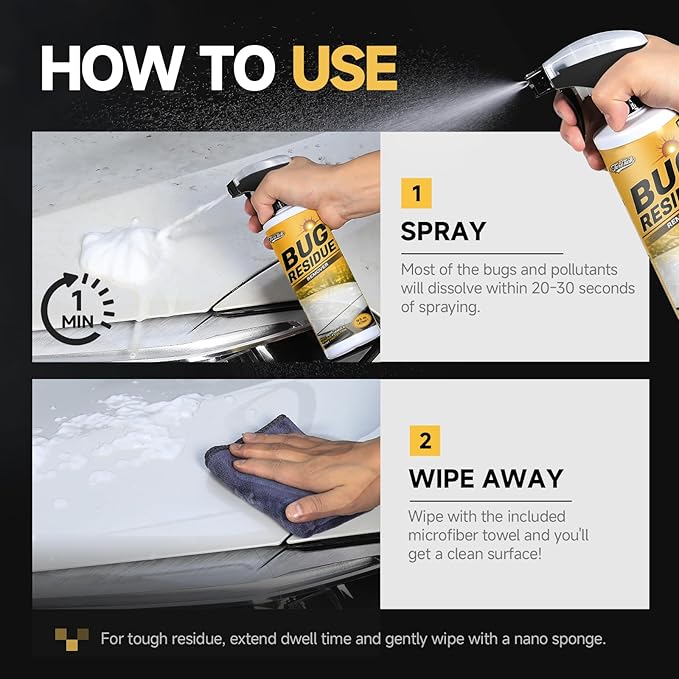 Bug Remover for Cars Exterior - Tree Sap Remover for Car, Quickly Dissolves Bird Poop, Water Spots, Resin & Grease - Safe on Paint, Glass, Chrome & Rubber, Microfiber Towel for Easy Cleaning, 16 fl oz