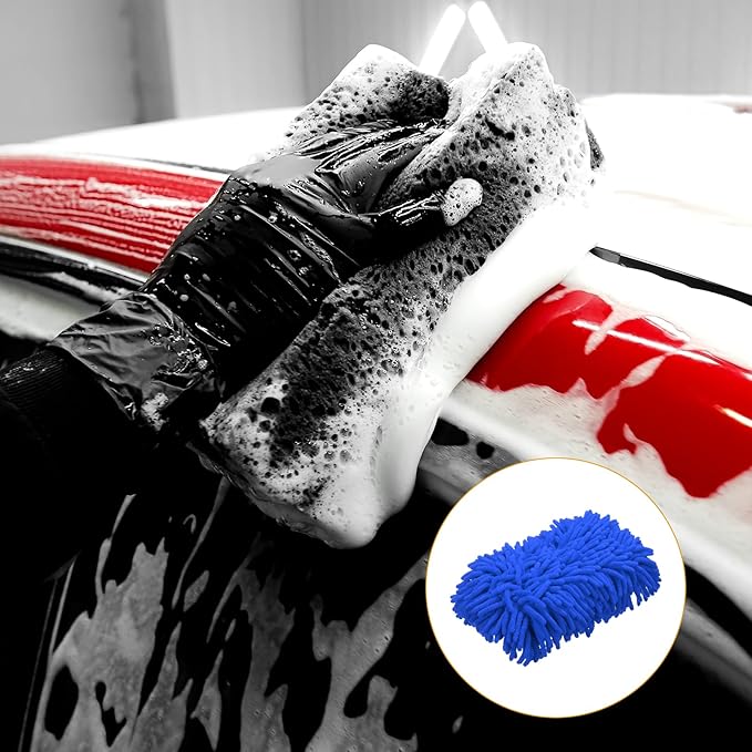 HARFINGTON Car Wash Sponge 9.1" x 4.7" Chenille Microfiber Mitt Scratch-Free Absorbent Scour Scrubber Cleaning Sponge for Washing Detailing on Cars, Trucks, SUV, Boats, RVs, Dark Blue