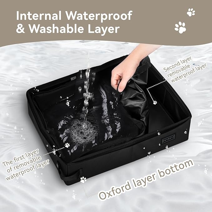 PETSFIT Portable Cat Litter Box - Removable 2-Layer Leak-Proof Lining, Scratch-Resistant Fabric with Sturdy Support Frame, Travel & Collapsible Cat Litter Box Black