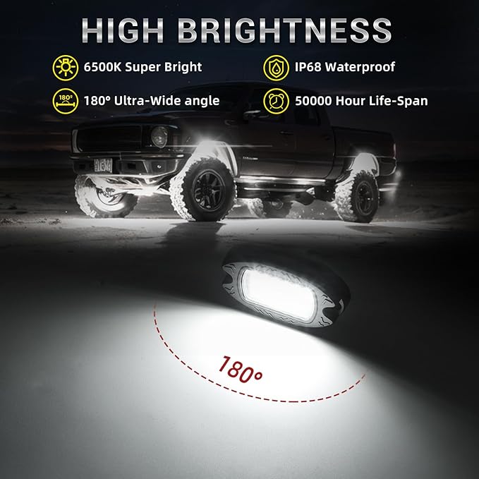 4 Pods Alloy Pure White LED Rock Lights for ATV SUV UTV RZR Trucks Trailer Offroad Pickup Fender, IP68 Waterproof Shockproof 6500K 24LEDs Super Bright White Underglow Kit with Switch Wiring Harness