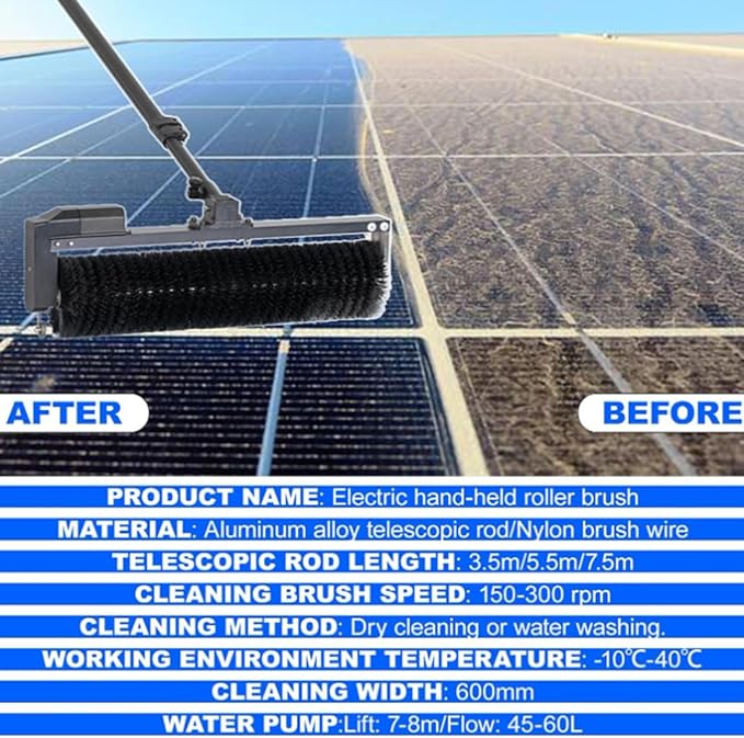 Electric Solar Panel Cleaning Tool with Roller Brush and Water Fed Pole for Efficient Photovoltaic Maintenance