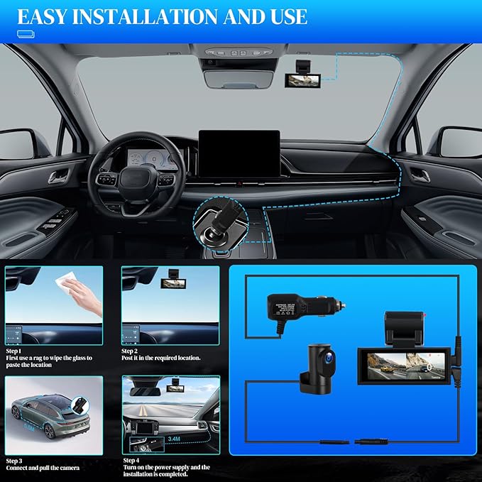 4K Dash Cam with WiFi & APP Control, 4K Front and 2.5K Rear, Dash Camera with ADAS,G-Sensor, 24 Hours Parking Mode, Loop Recording, Night Vision