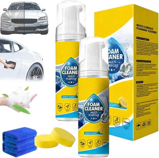 Powerful & Multipurpose Car Interior Foam Cleaner, Quick Spray & Wipe All Purpose Waterless Detailer, Cleaning Without Pre-Washing, Cleaner for Seats, Dashboard, Carpet (2 pcs)
