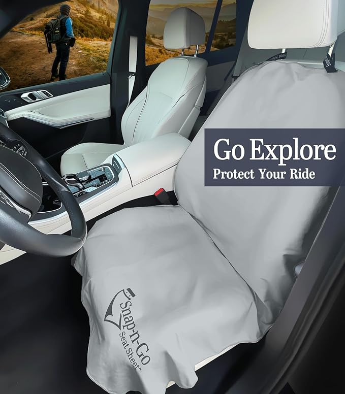 Car Seat Towel Cover After Gym Workout Yoga Pets: Snap-n-Go Seat Sheet™ Universal Fit with Headrest Post Straps, Quick-Dry Washable Sweat Protector for Car, Truck SUV Interior Protection (Light Gray)