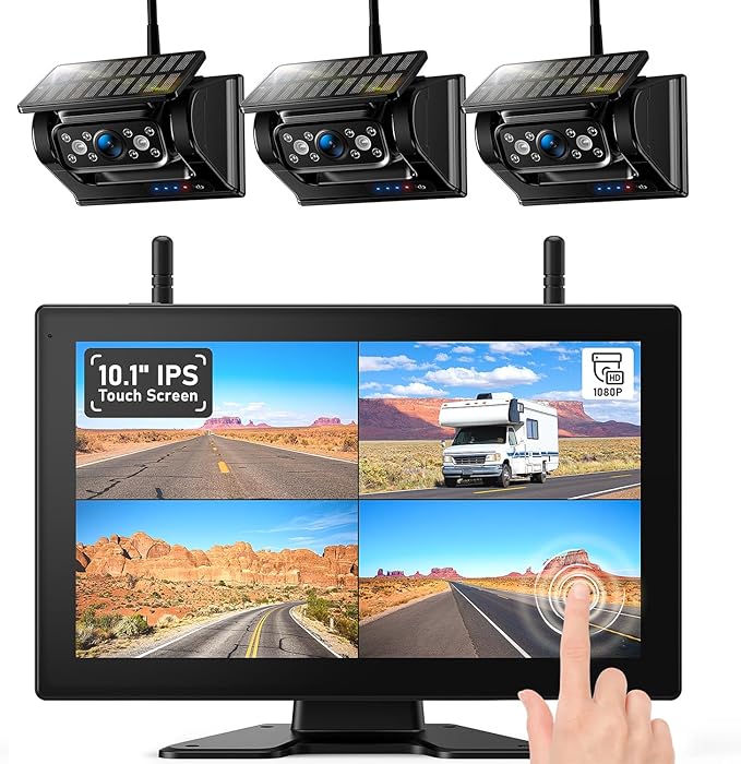 ZEROXCLUB 3 Magnetic Solar Wireless Backup Camera HD1080P Loop Recording 10.1 Inch Touchscreen Monitor, Quad RV Rearview Backup Cameras Wireless System for RV Trailer Tractor Truck, BL103