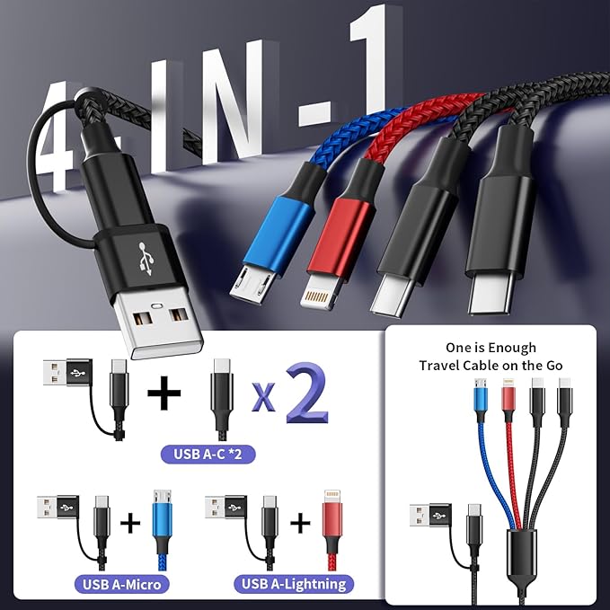 Travel 4 in 2 Charging Cable with Dual Type-C Port, USBA/C Multi Charging Cable Cords for Multiple Devices, Multiple Phone Charger Cord for iPhone17-8, Android, iPad, Car Accessories (3Packs 5FT)
