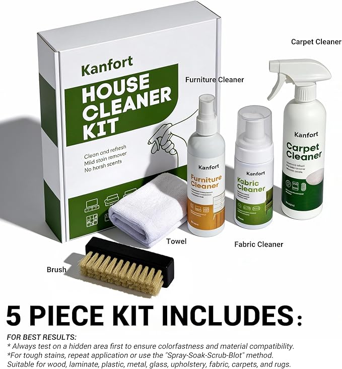Carpet & Upholstery Cleaner 5-Piece Set, Fast Action Stain Remover for Furniture, Fabric, Sofa, Car Seats & Clothes - Includes Brush and Towel - Safe for Kids and Pets, Includes Brush & Towel