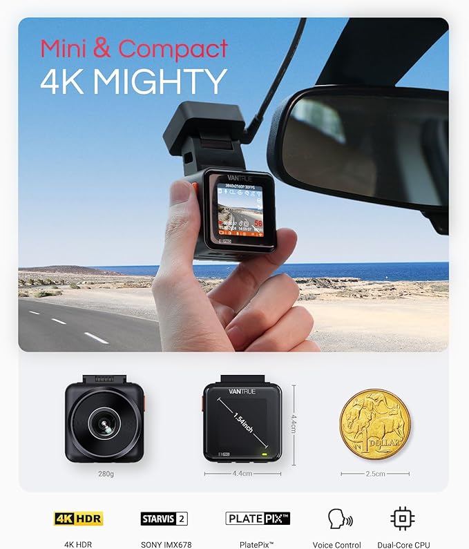 Vantrue E1 Pro 4K Mini Dash Cam Front, STARVIS 2 PlatePix HDR Night Vision Car Camera, Built-in 5G WiFi GPS, 1.54'' IPS Screen, Voice Control, Parking Mode, Support 1TB Max (Renewed)