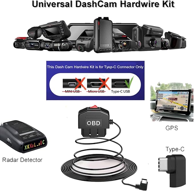 Dash Cam OBD Hardwire Kit, USB Type C Power Cable for Dash Camera 24 Hours Surveillance/Acc Mode for Dashcam Power Adapter with Low Voltage Protection 12-24V to 5V/3A