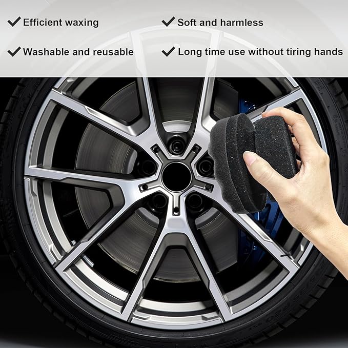 Wevdn 2PCS Tire Shine Applicator, Durable & Reusable Hex Grip Tire Dressing Sponge Foam Detailing Pad, Washable Round Shape Wheel Tire Shine Car Cleaning Sponge, Car Accessories (Black-Large)