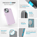 Speck Presidio2 Grip Soft Pink iPhone 15 Case - MagSafe Compatible with iPhone 14 & 13 - Slim 6.1 inch Case