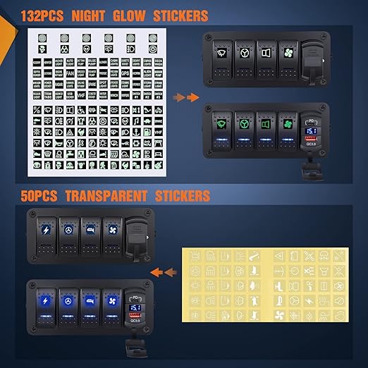 Nilight 4 Gang Rocker Switch Box 12V SPST ON Off PD Type C and QC 3.0 USB Charger Voltmeter Waterproof Aluminum Panel DIY Stickers for Boats Cars RVs Trucks