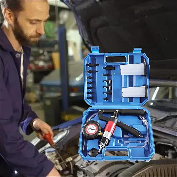 23PCS Handheld Vacuum Pump Tester Brake Bleeder Kit Brake System Bleeding Tools with Adapters and 2 Reservoir Bottles Automotive Brake for Car Truck Motorcycle（Blue）