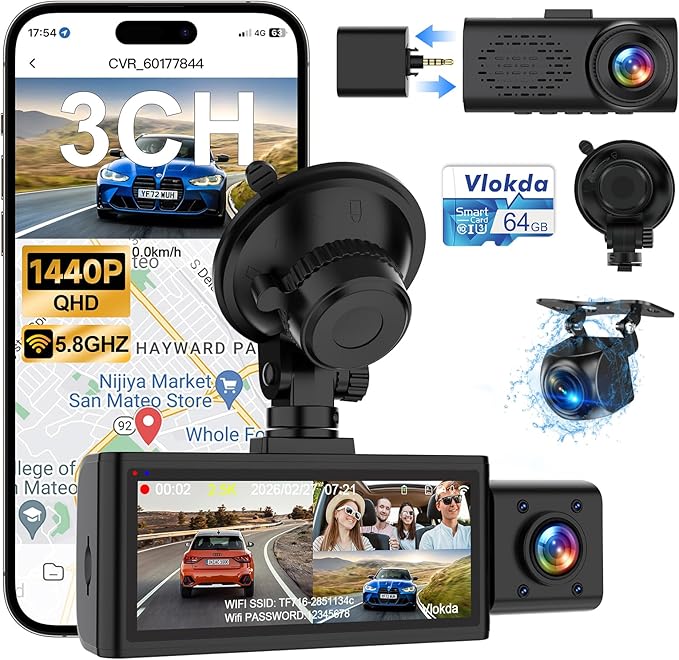3 Channel Dash Cam Front Inside Rear, Uber Dash Cam for Cars, 2.5K Front + 1080P Cabin & Rear, 5GHz WiFi App Control, 24H Parking Mode, IR Night Vision, G-Sensor, Loop Recording, 64GB Included