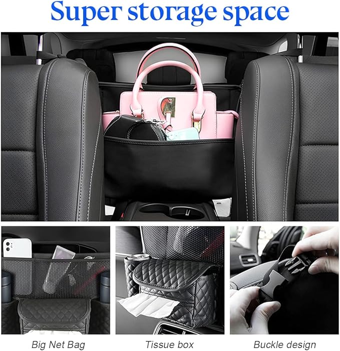 zipelo Car Handbag Holder Between Seats, PU Leather Multi-Pocket Large Capacity Purse Holder, Auto Net Bag Barrier of Backseat Pet Kids, Car Seat Organizers and Storage for Cargo Tissue Cup (Beige)