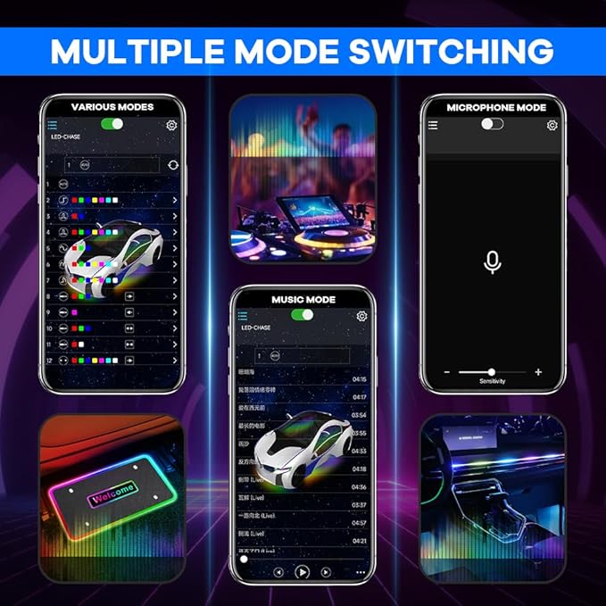 Car LED Lights for Floor Mats, Interior Car LED Strip Lights with App Control, Luminous Ambient Neon Lighting Kits, Universal Automotive Floor Mats (Plaid - USB, 4)
