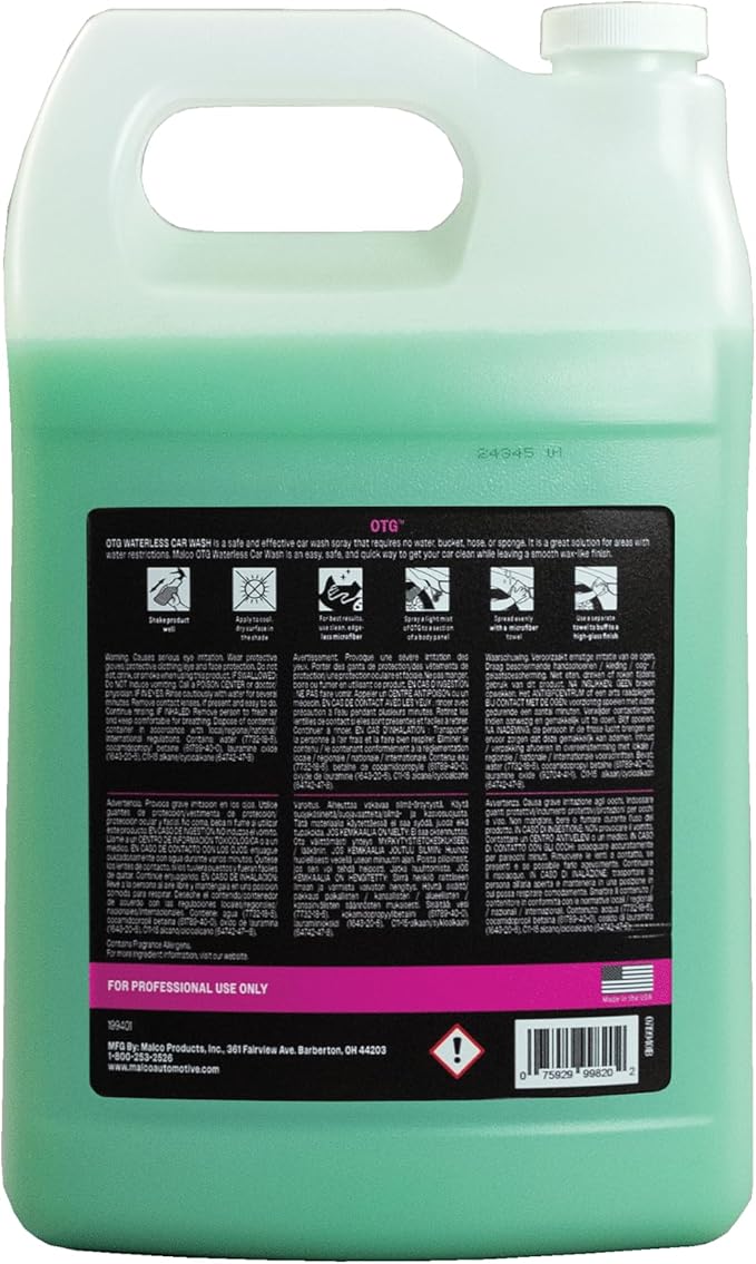 Malco OTG Waterless Car Wash (1 Gal) - 100% Waterless Car Wash Spray/No Water or Bucket Needed/Safe and Effective Cleaning Solution for Cars/Great for On The Go or Regular Use (199401)