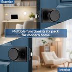 6 Pack Black Door Knobs with Square Rosette, Interior Door Handles for Bath & Bed, Heavy Duty Door Knob with Lock