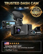 4K Dash Cam Front and Rear Inside, 3-Channel Cars Camera Dash with 170° Wide Angle, Free 64GB SD Card, 5.8GHz WiFi, Night Vision, G-Sensor, Loop Recording, Parking Monitor, USB C, Max 256GB