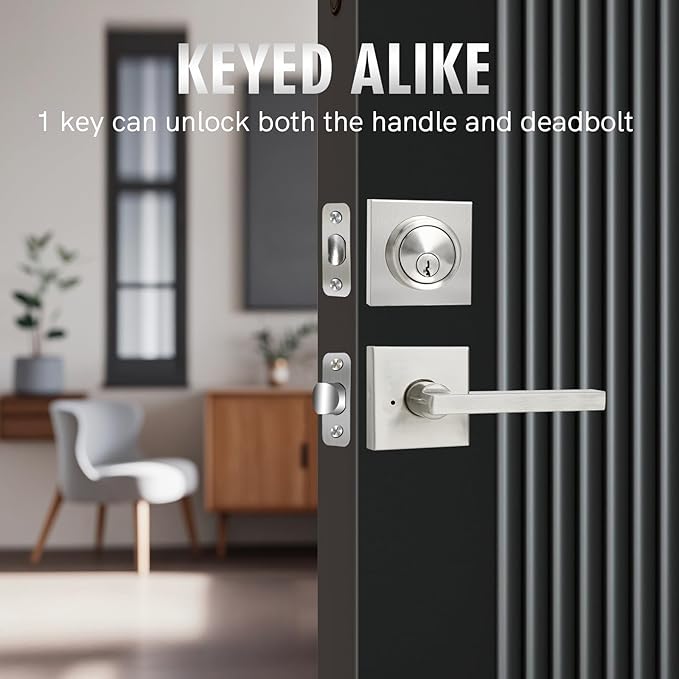 Exterior Door Lock Set with Deadbolt, Front Door Handle Set, Heavy Duty Keyed Alike Privacy Handles, (3Pack-Set,Satin Nickel)