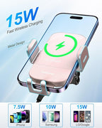 CHGeek Wireless Car Charger, 15W Fast Charging Auto Clamping Car Charger Phone Mount Phone Holder fit for iPhone 15 14 13 12 11 Pro Max Xs, Samsung Galaxy S24 Ultra S23 S22 S21, S20, S10+, Pink
