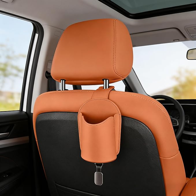 Car Seat Back Organizers Set of 2 with Leather Cup Holder and Headrest Hook, Universal Backseat Phone Mount & Storage Bag (Black)