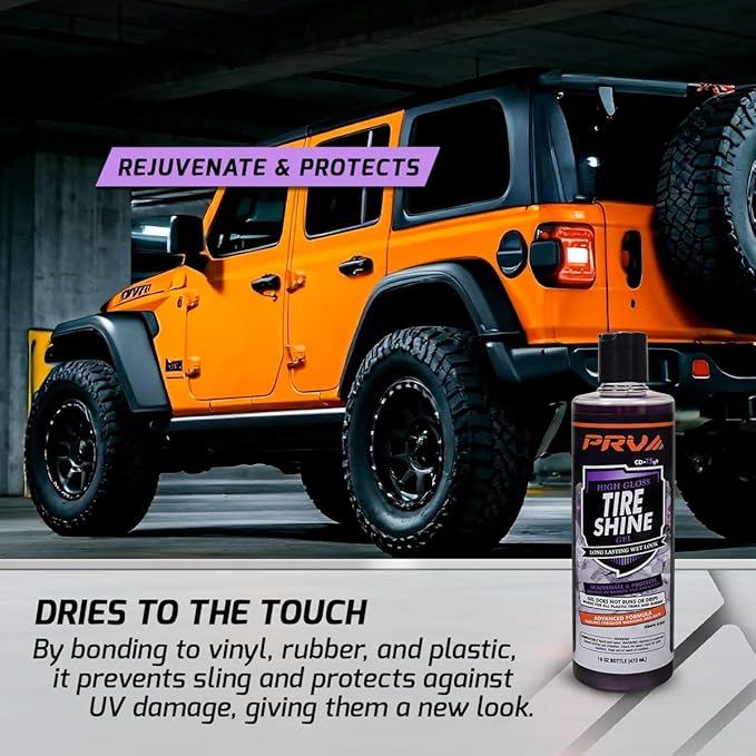 PRV AUDIO Wet Look Gel Tire Shine Dressing | High Gloss Tire, Trim, Plastic & Rubber – Restores Deep Black Shine and Protection | No Sling & Dries Quickly 16 fl oz Kit with Applicator - Grape Scent