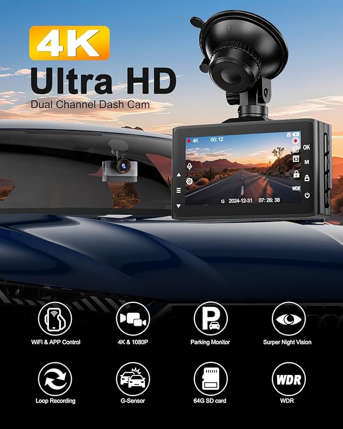 Dual Dash Cam Front and Rear 4K+1080P, 64GB Card Included, Built-in WiFi Dash Camera for Cars with APP, 24H Parking Mode, Night Vision, G-Sensor, Loop Recording, WDR, 170° Wide Angle, 3”IPS Screen